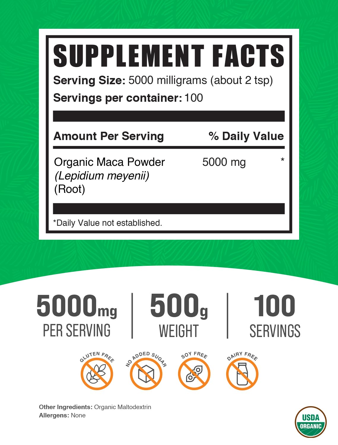 BulkSupplements Organic Maca Powder packaging details