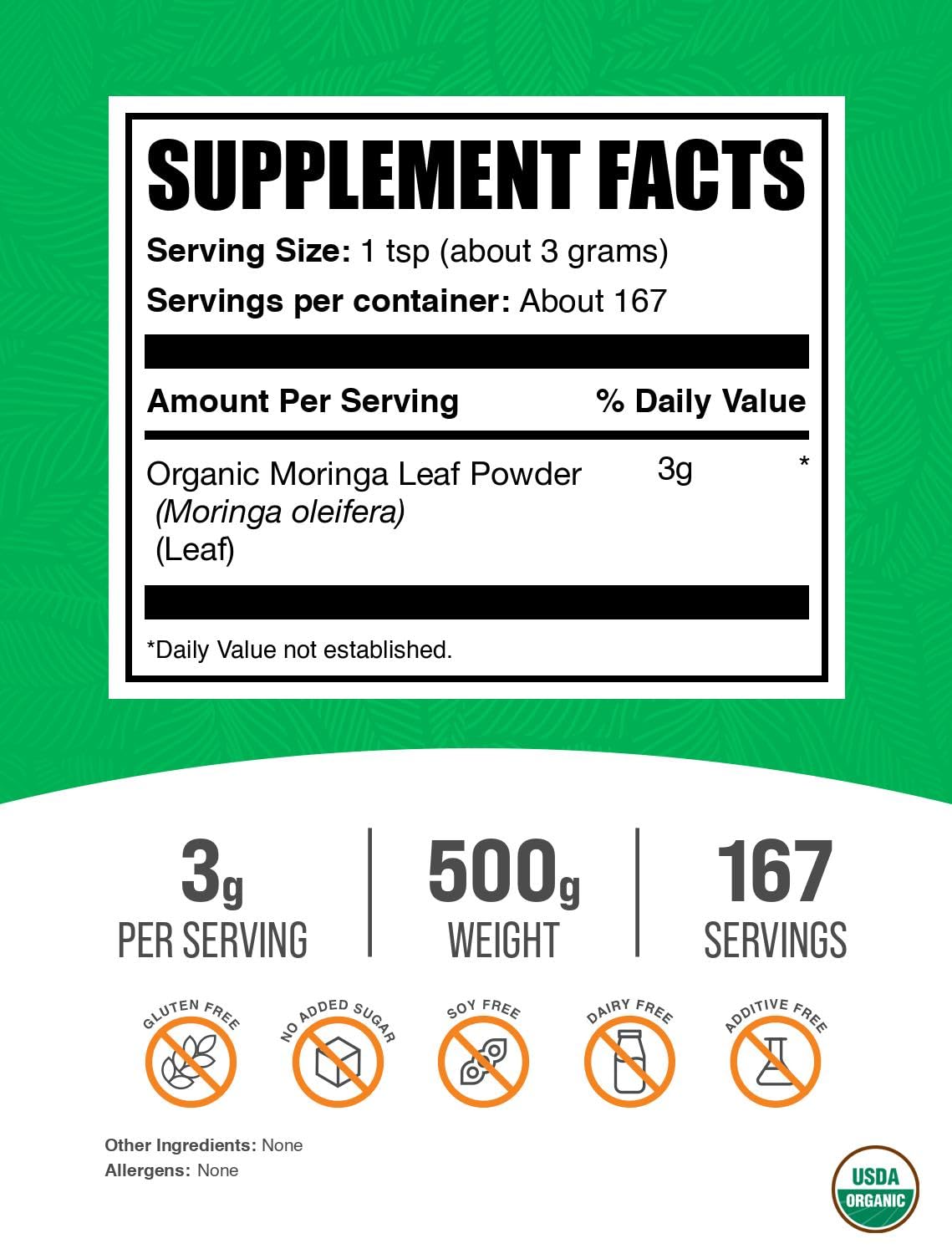 BulkSupplements Organic Moringa Leaf Powder packaging