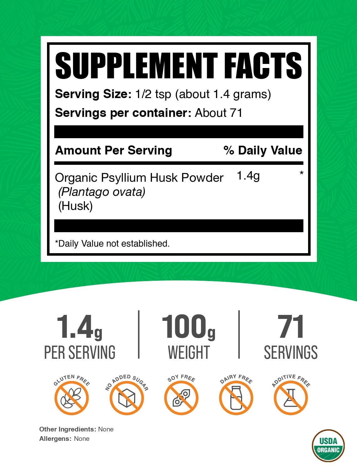 BulkSupplements Organic Psyllium Husk Powder 100g packaging