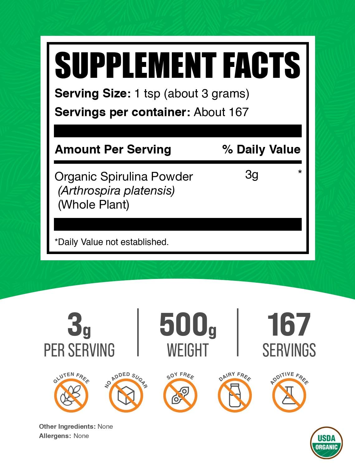 BulkSupplements Organic Spirulina Powder packaging details