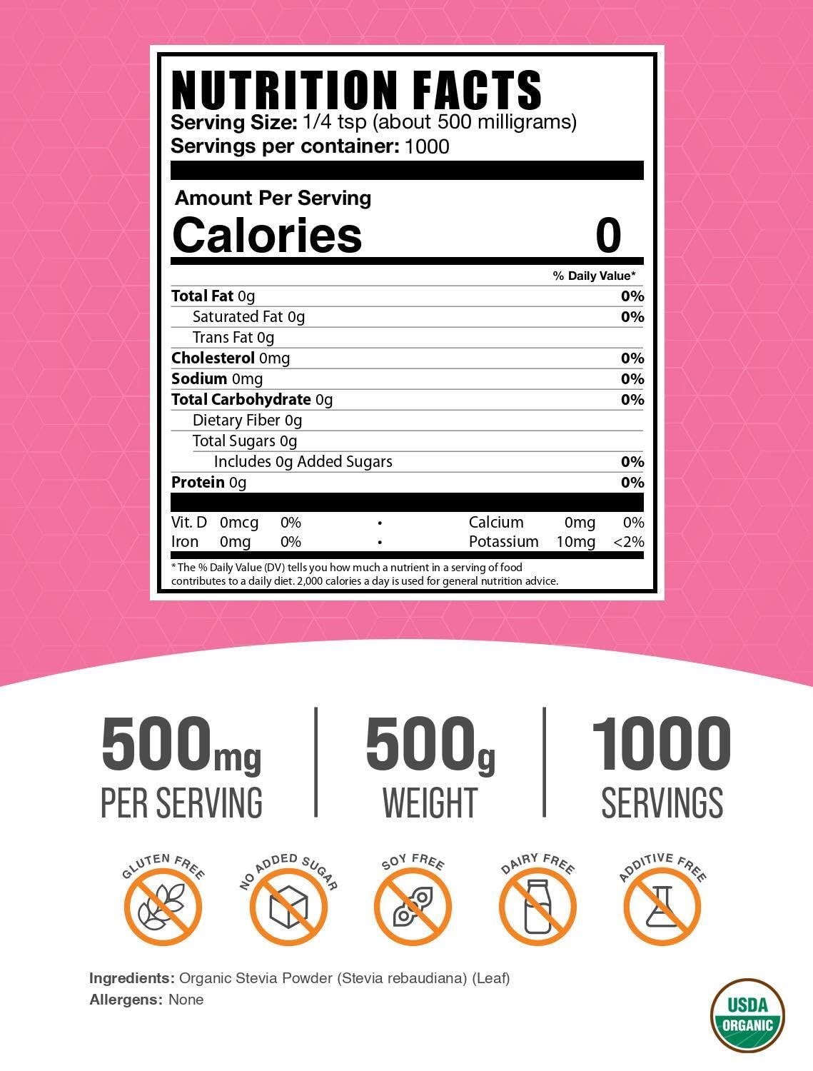 BulkSupplements Organic Stevia Powder 500g packaging