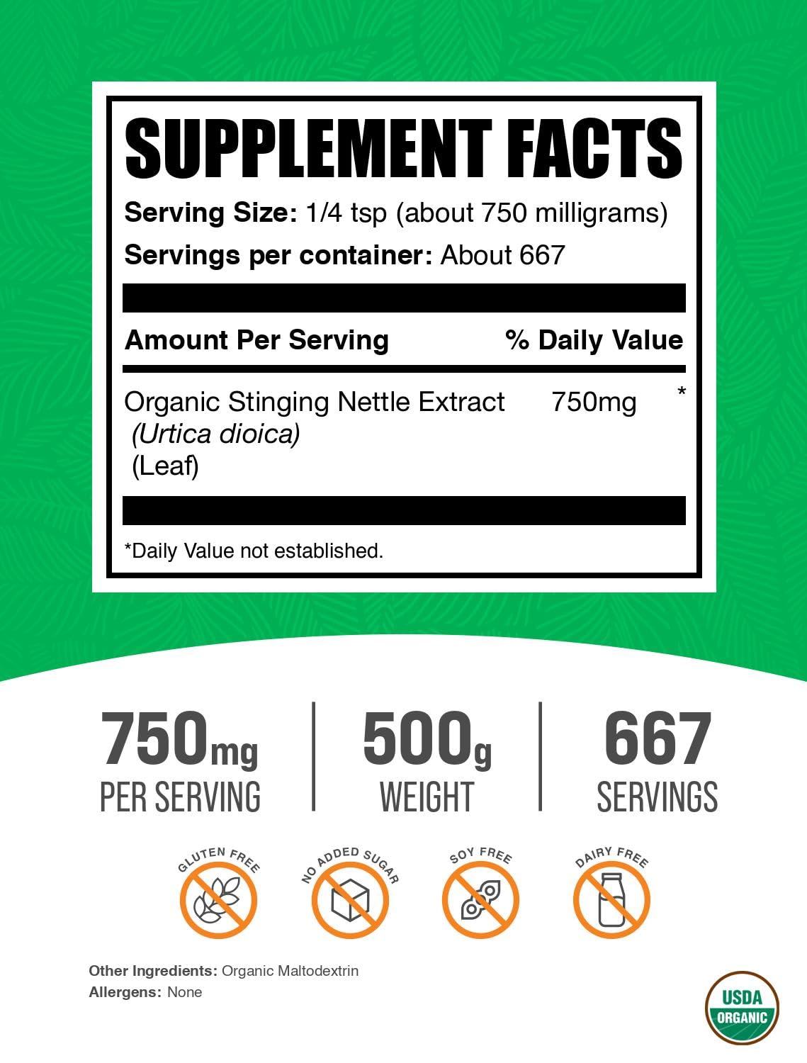 BulkSupplements Organic Stinging Nettle Extract Powder back view with nutritional information