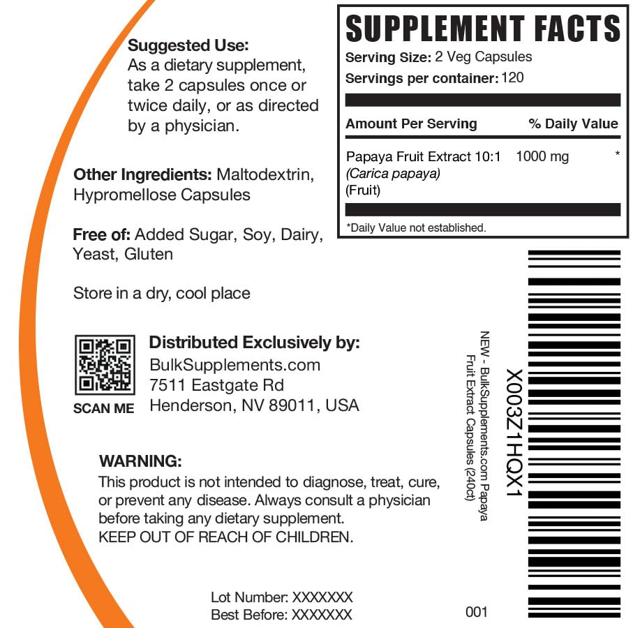 BulkSupplements Papaya Fruit Extract Capsules 10:1 back view