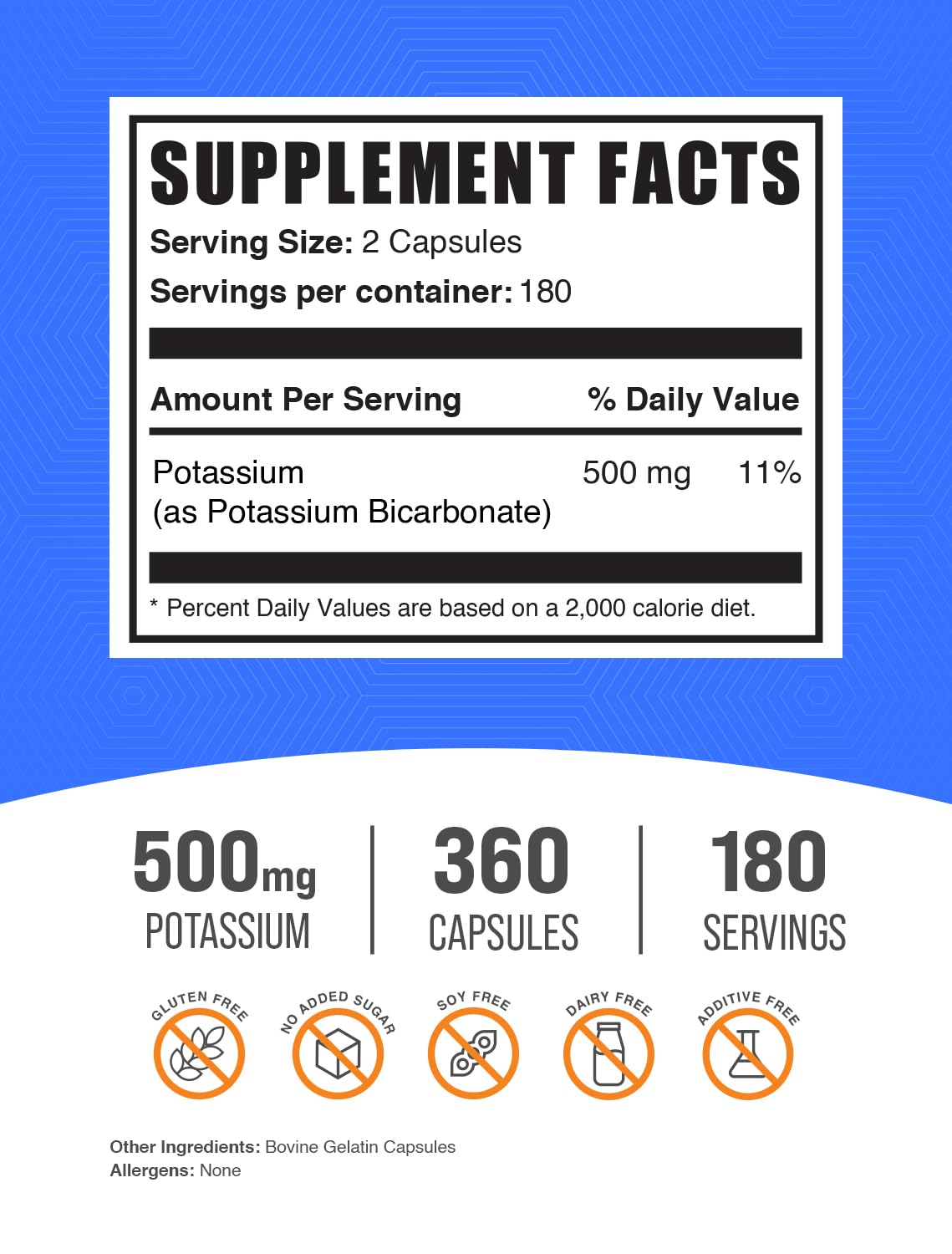BulkSupplements Potassium Bicarbonate Capsules 500mg back view with ingredient details