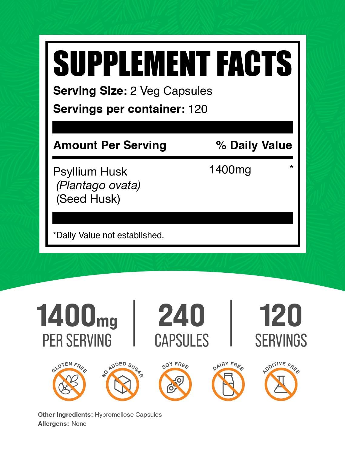 BulkSupplements Psyllium Husk Capsules 240g side view