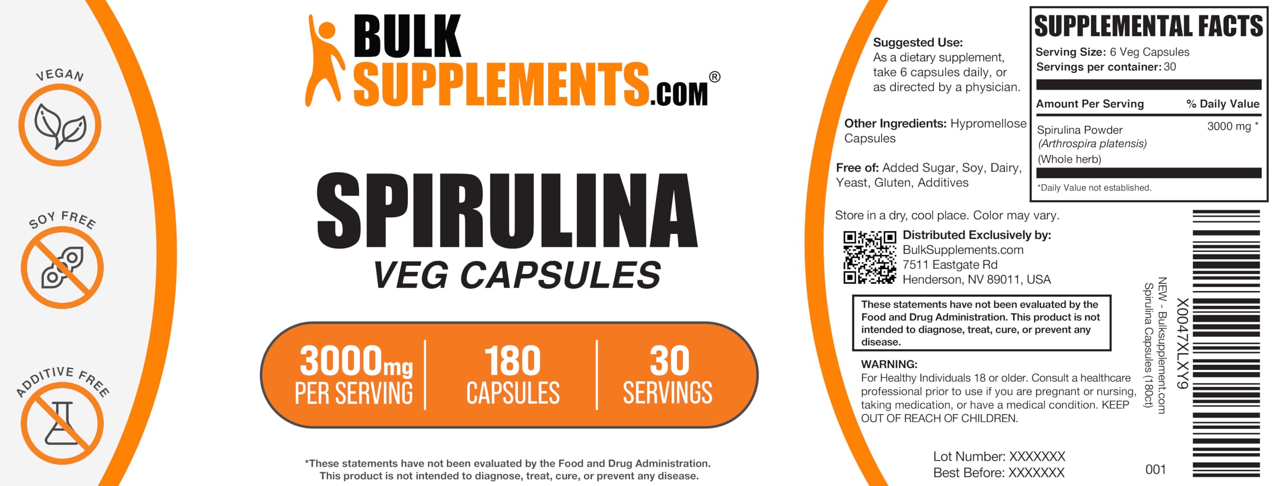 BulkSupplements Spirulina 3000mg Capsules with natural background