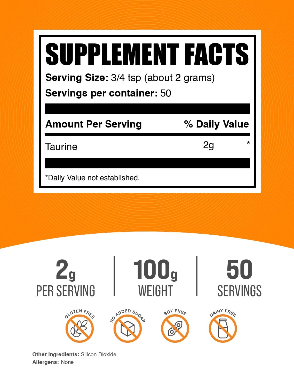 BulkSupplements Taurine Powder 2000mg side view with nutrition facts