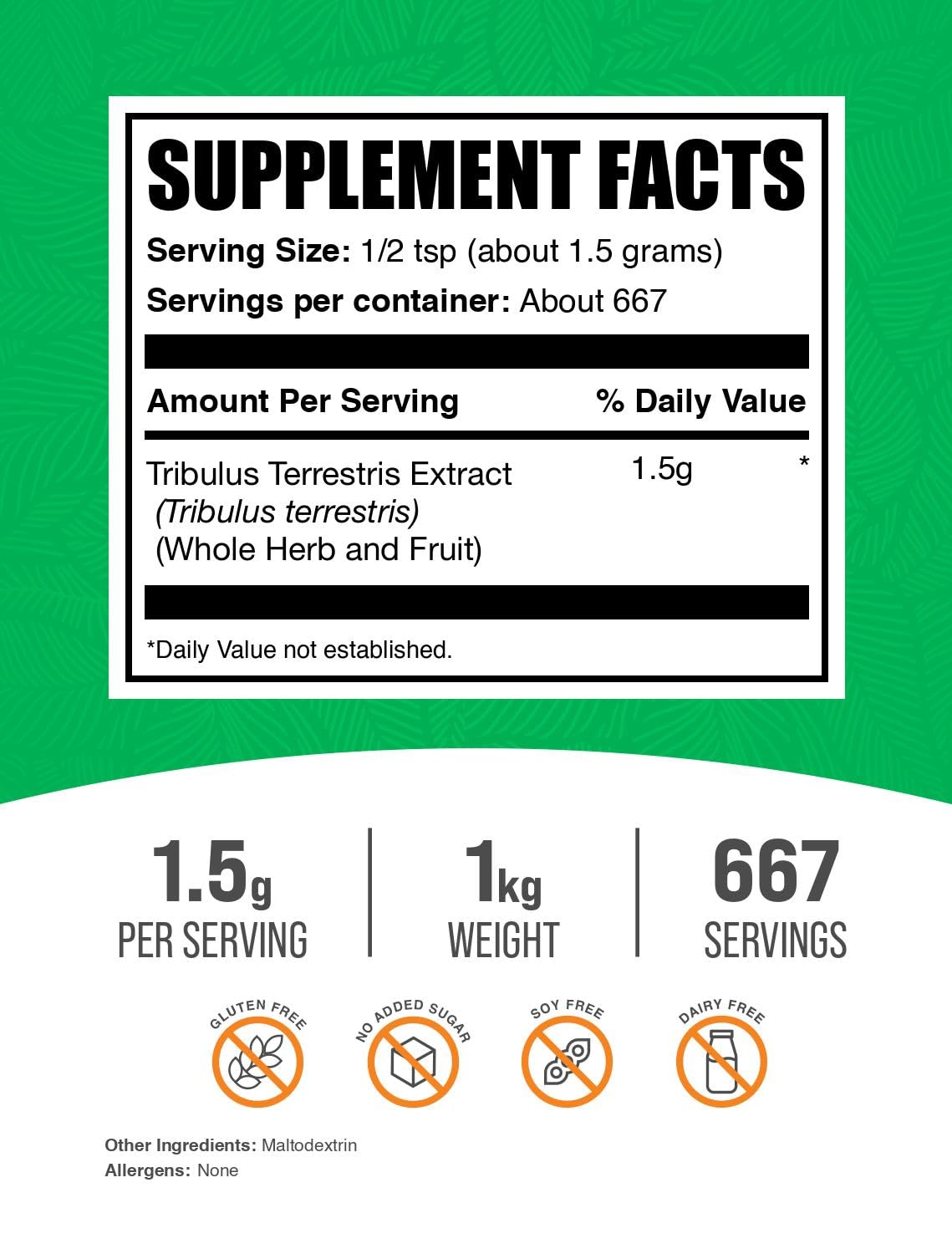 BulkSupplements Tribulus Terrestris Extract Powder back view with nutritional information