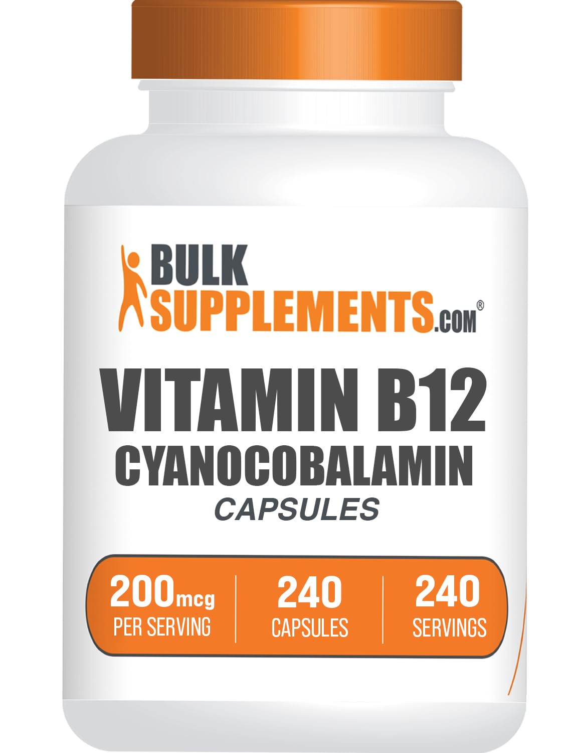 BulkSupplements Vitamin B12 Cyanocobalamin 200mcg capsules front view