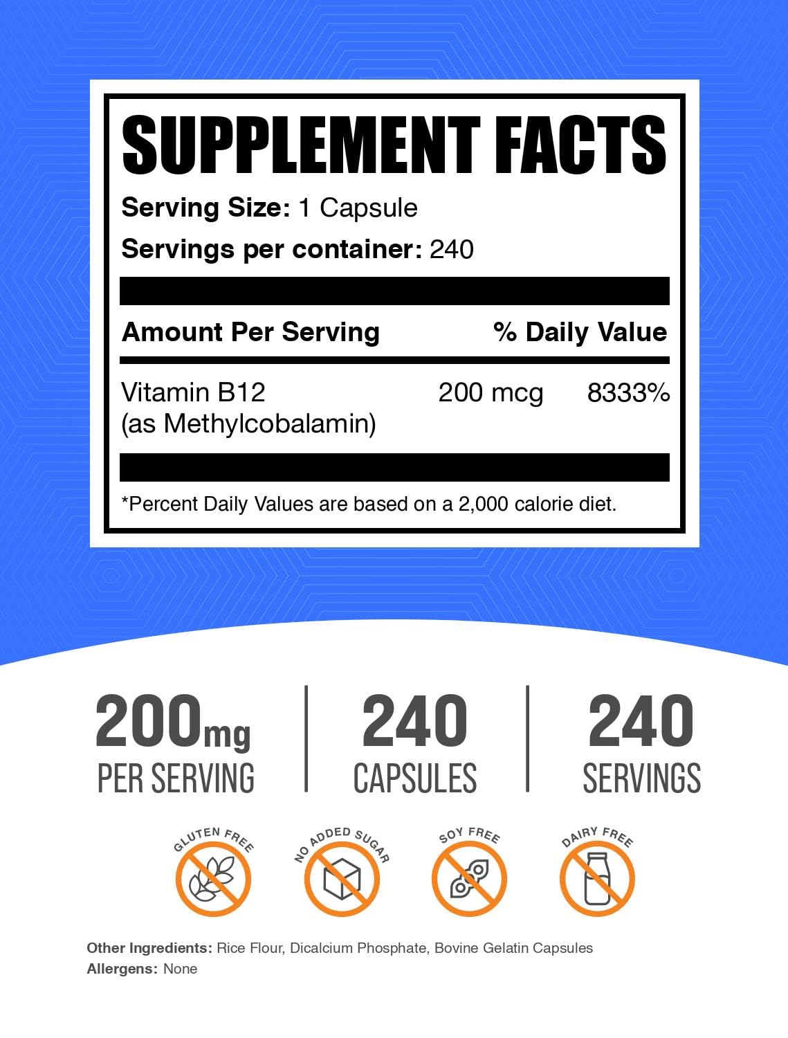BulkSupplements Vitamin B12 Methylcobalamin 200mcg Capsules side view