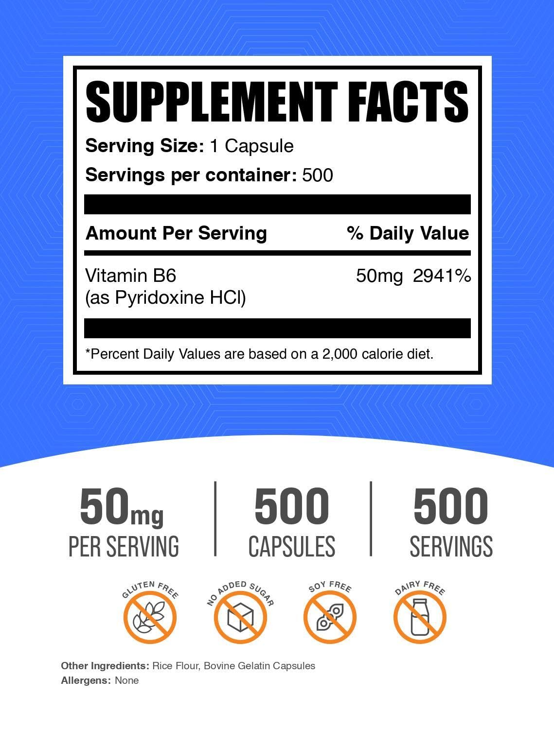 BulkSupplements Vitamin B6 Pyridoxine HCl 50mg capsules side view