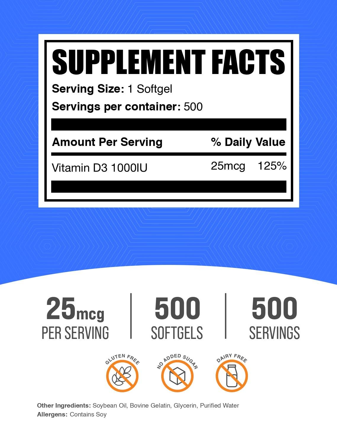 BulkSupplements Vitamin D3 1000 IU Softgels side view