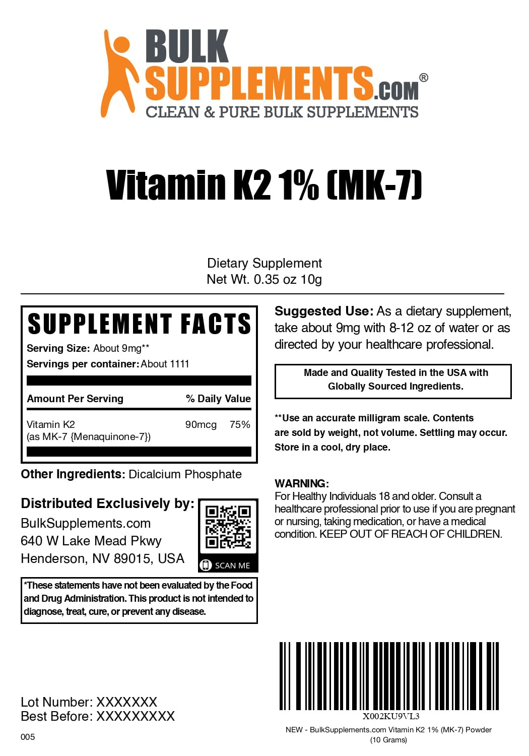 BulkSupplements Vitamin K2 MK7 Powder with measuring spoon