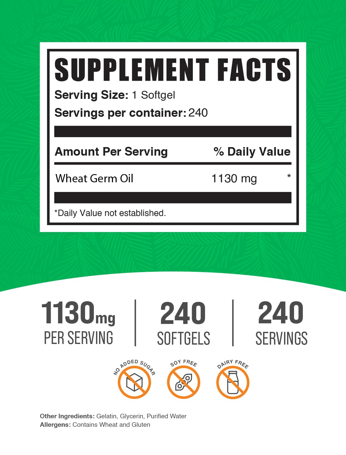 BulkSupplements Wheat Germ Oil Softgels back view with nutritional information