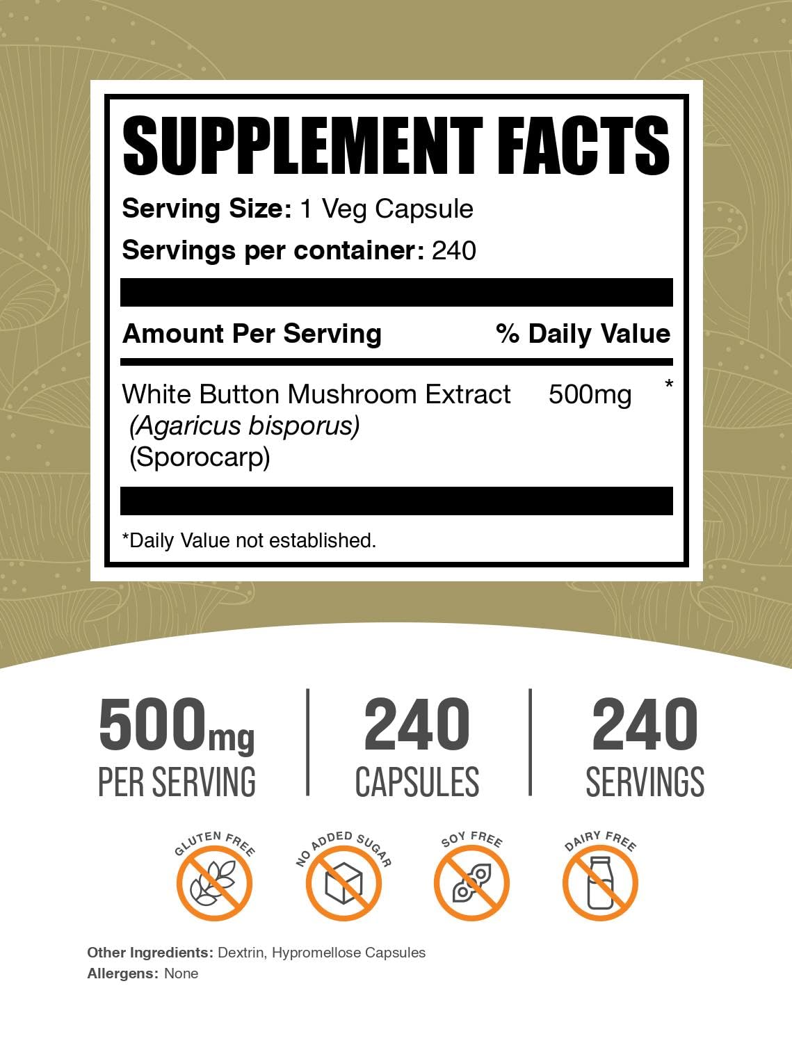 BulkSupplements White Button Mushroom Extract Capsules side view