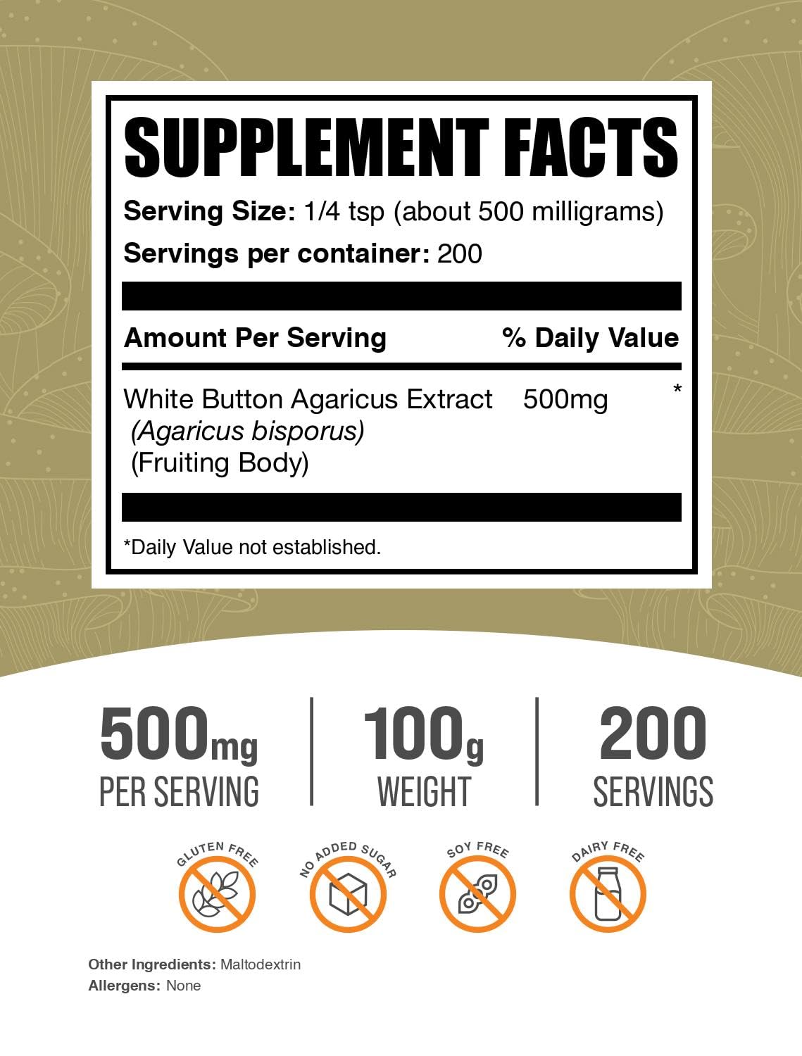 BulkSupplements White Button Mushroom Extract Powder side view with ingredient list