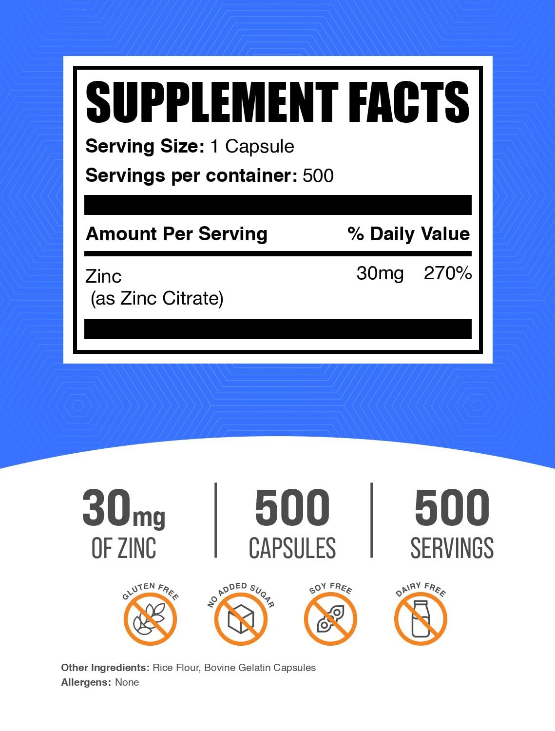 BulkSupplements Zinc Citrate 30mg Capsules side view