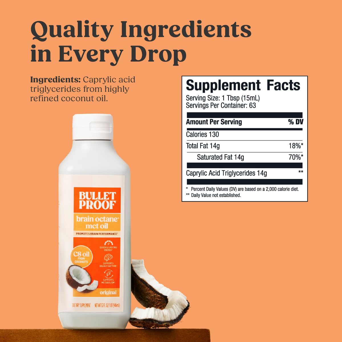 Bulletproof Brain Octane C8 MCT Oil 32oz bottle with smoothie ingredients