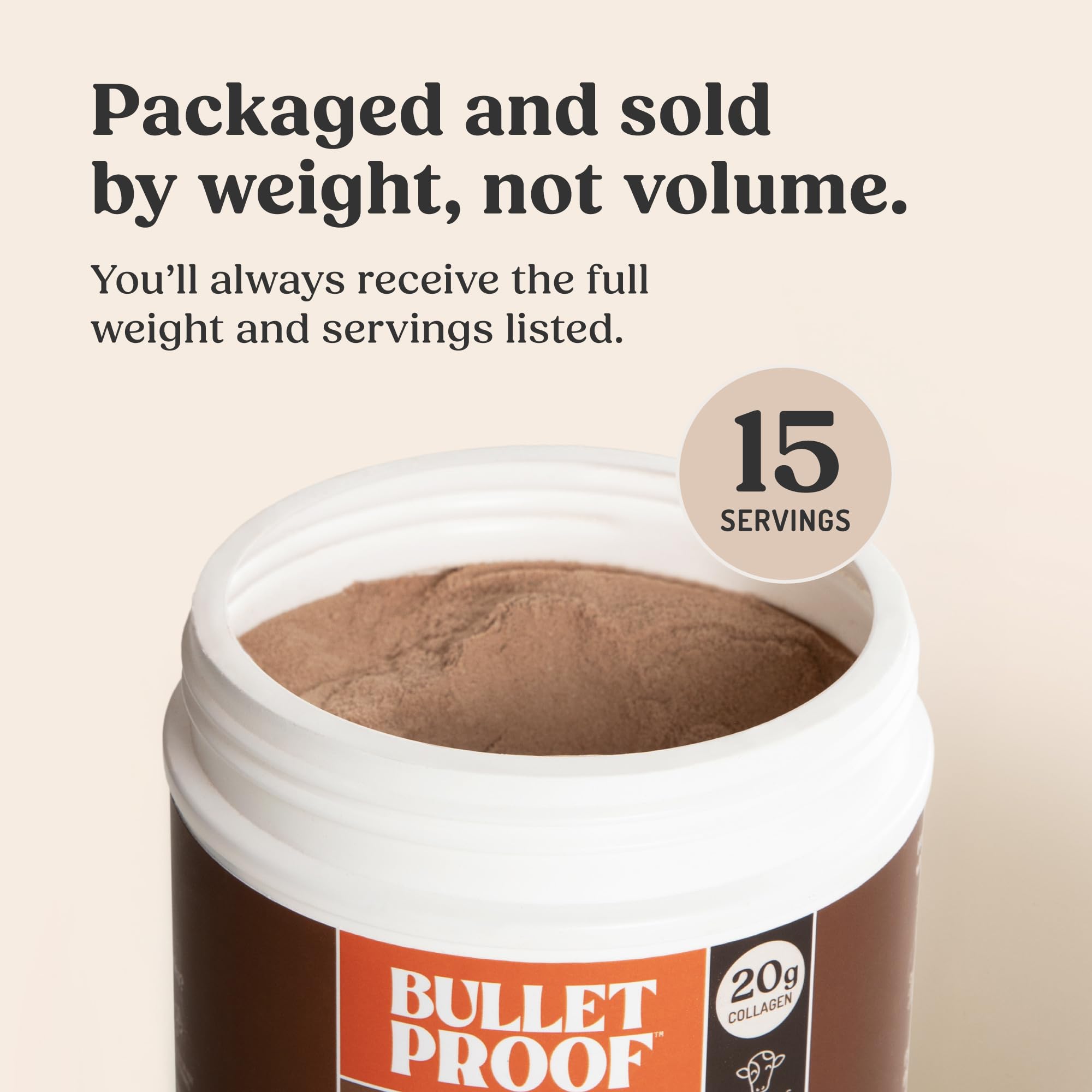 Bulletproof Chocolate Collagen Peptides jar with a scoop