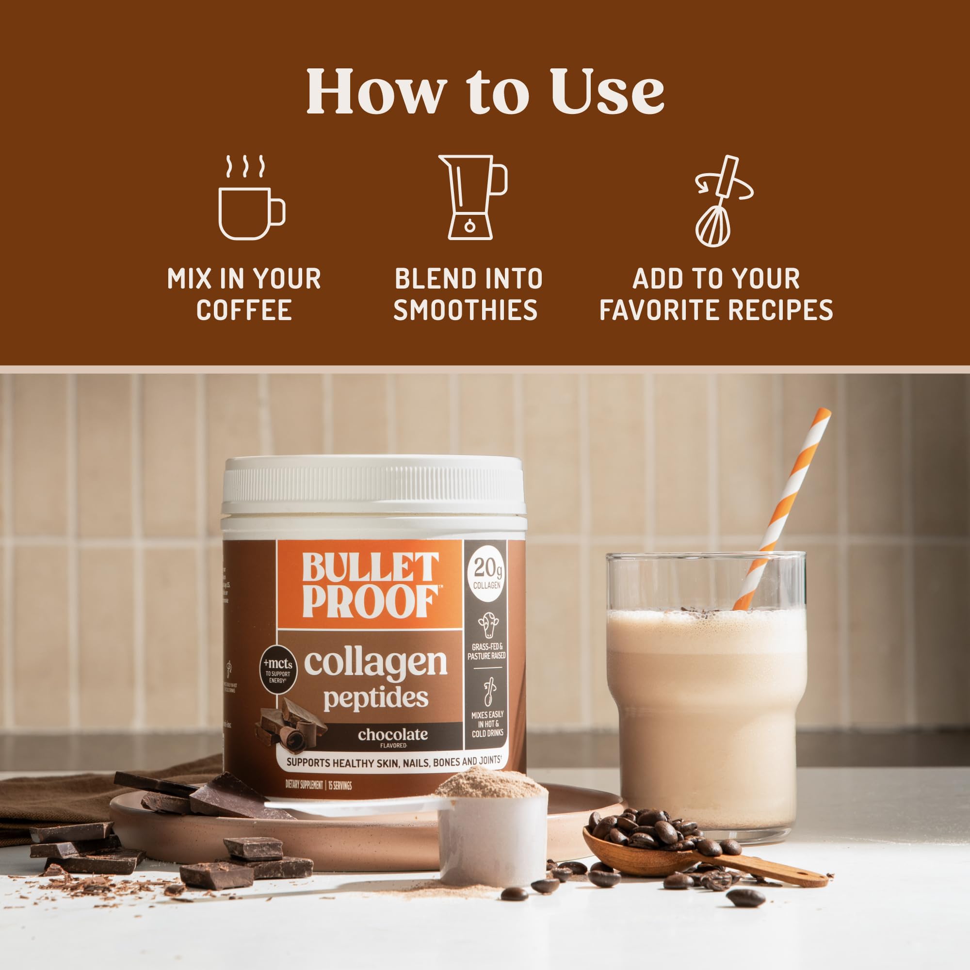 Bulletproof Chocolate Collagen Peptides mixed in a smoothie