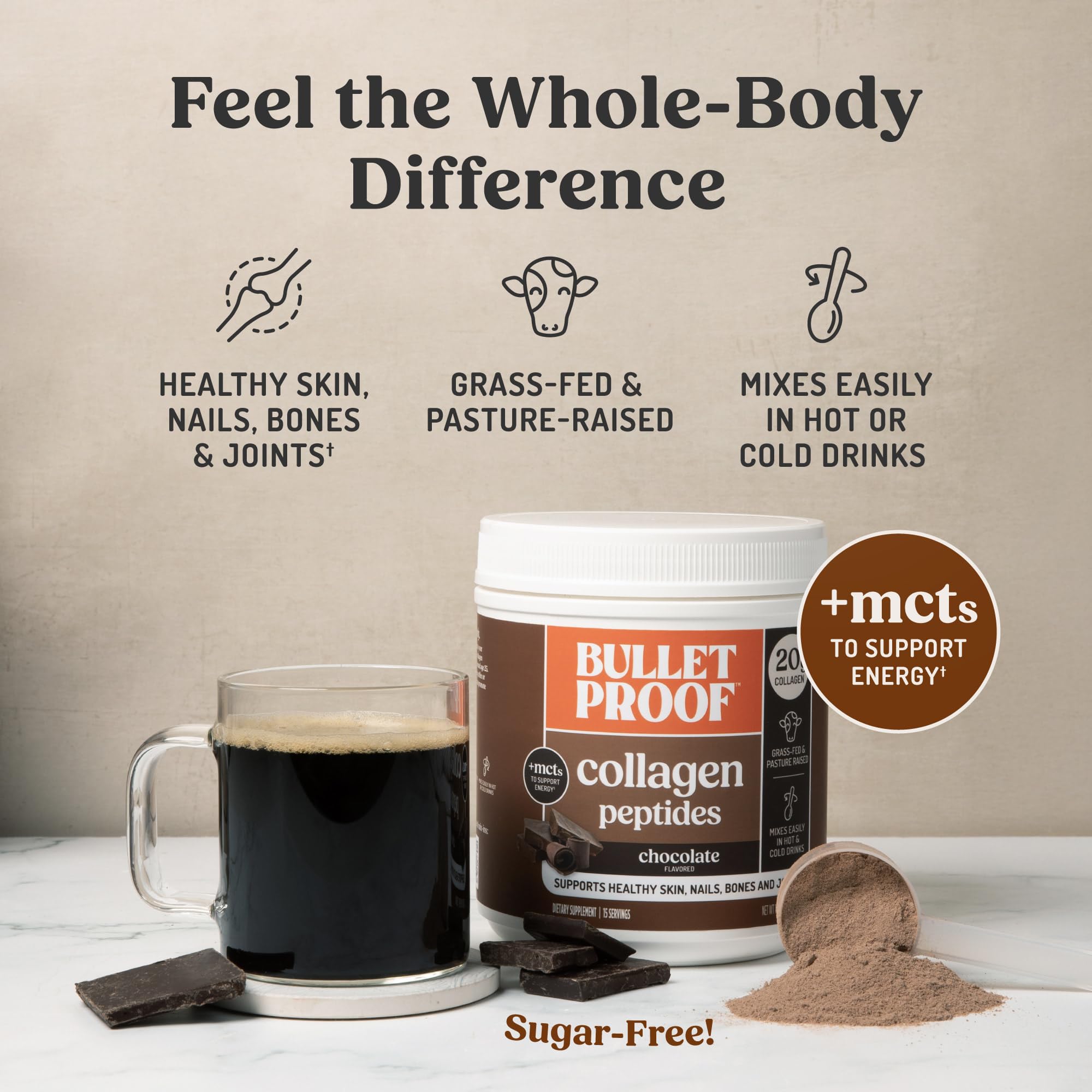 Bulletproof Chocolate Collagen Peptides powder in a glass of water