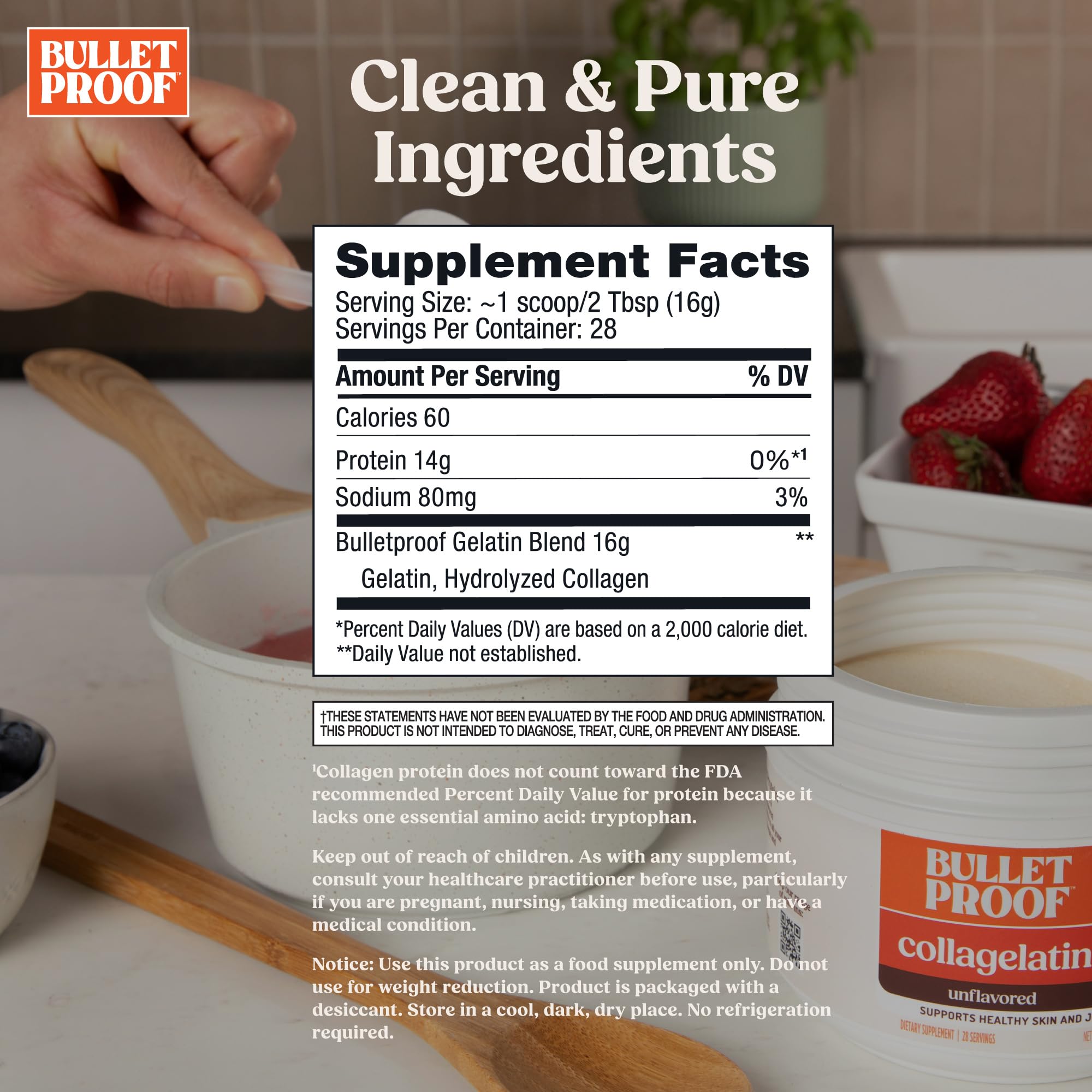 Bulletproof Collagelatin back view showing nutrition facts