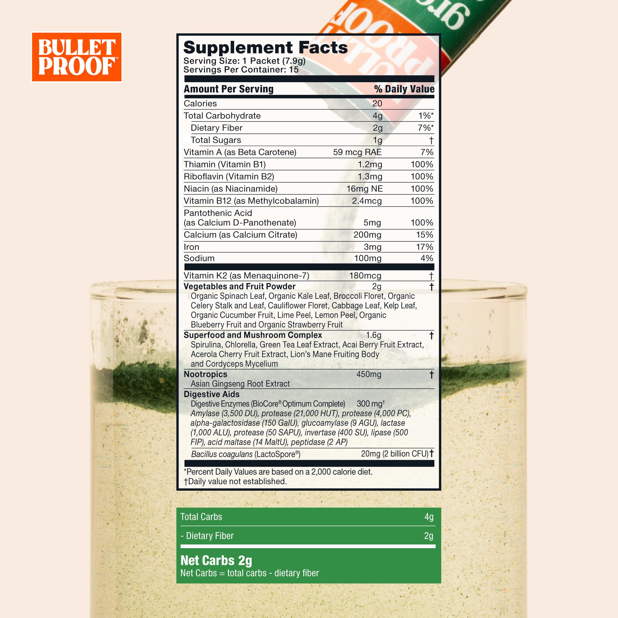 Bulletproof Greens Packets individual packet with pineapple flavour