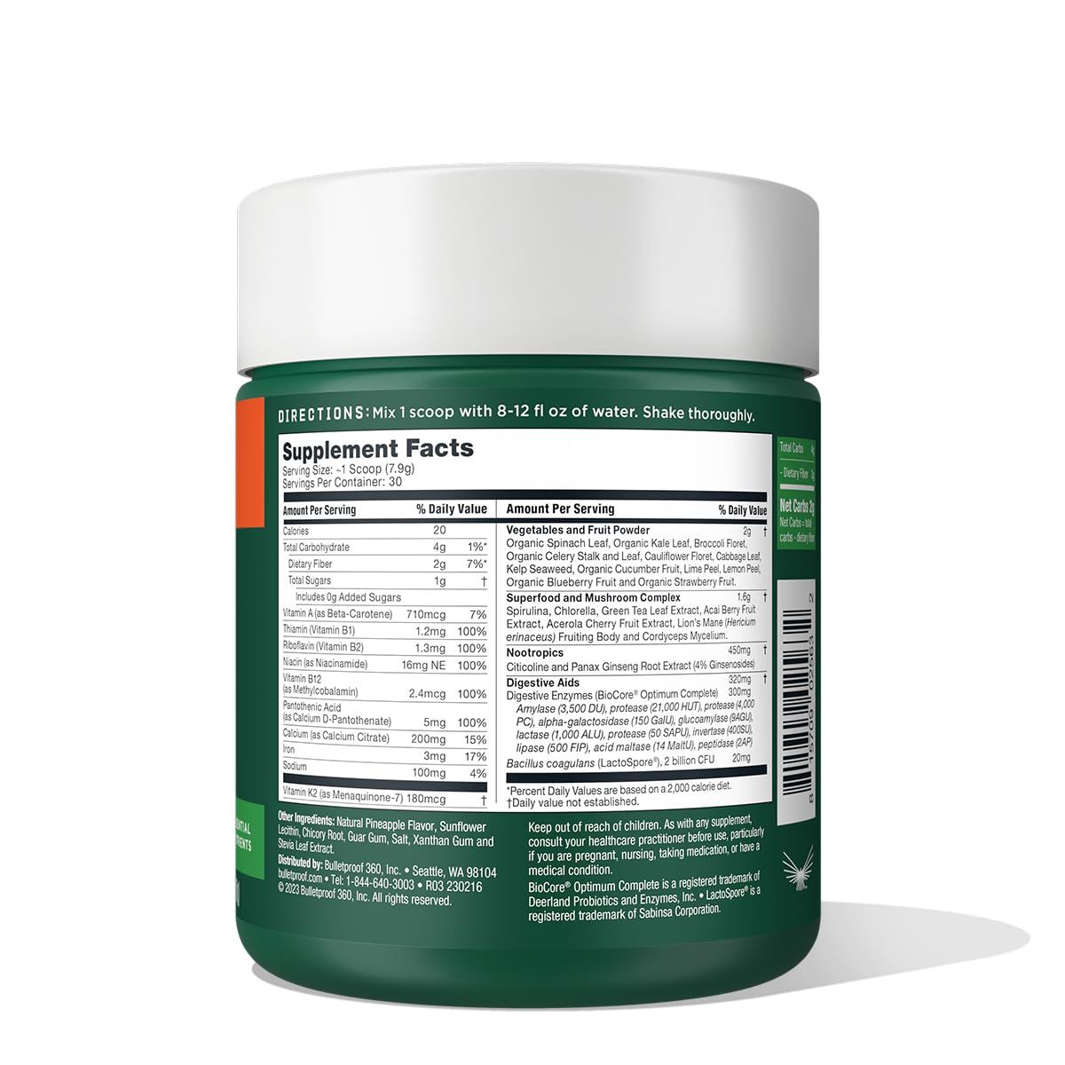 Bulletproof Greens Powder 250g jar with scoop