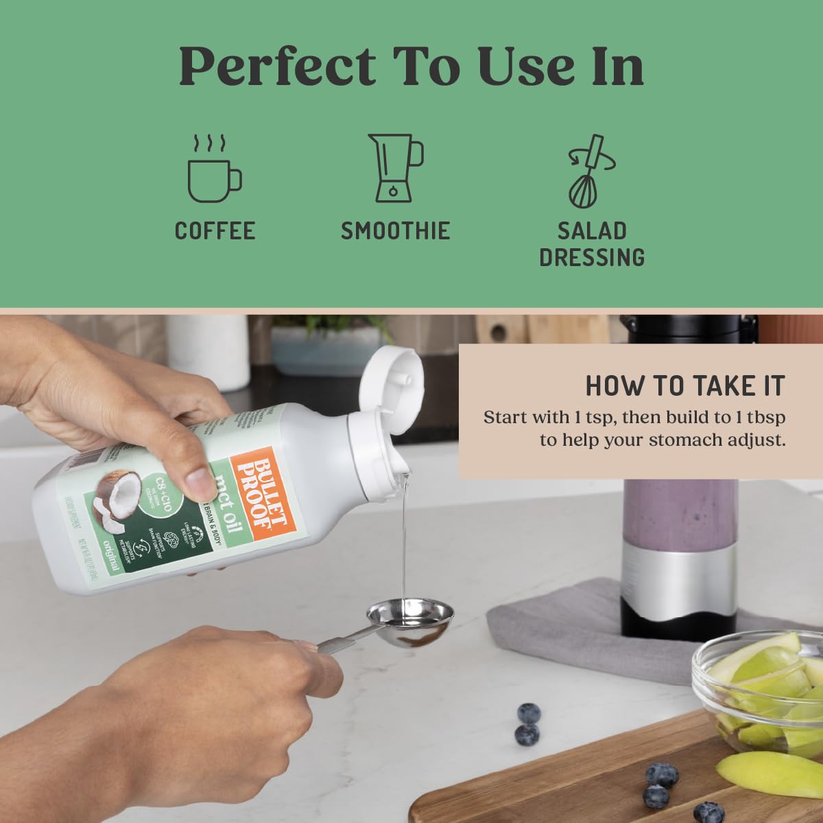 Bulletproof MCT Oil 16 oz bottle with coffee