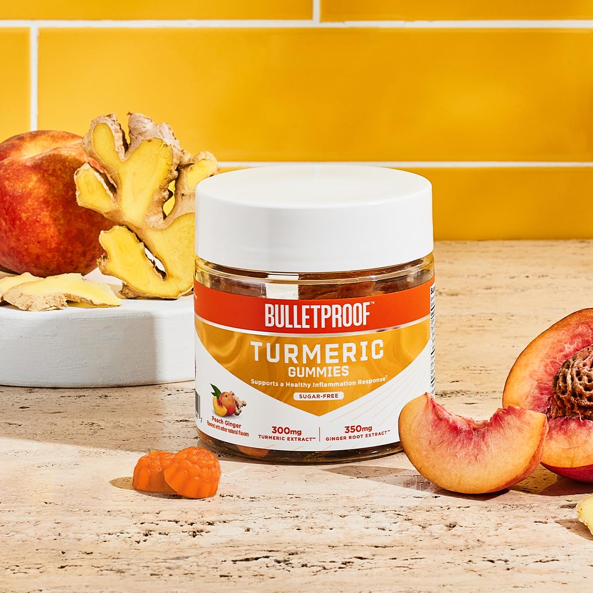 Bulletproof Sugar-Free Peach Ginger Turmeric Gummies close-up of gummies