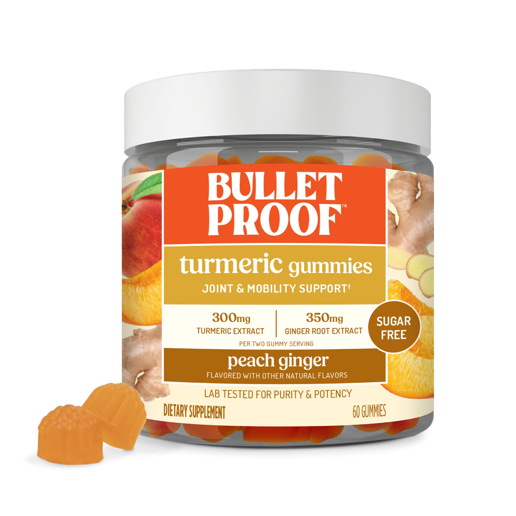 Bulletproof Sugar-Free Peach Ginger Turmeric Gummies jar front view