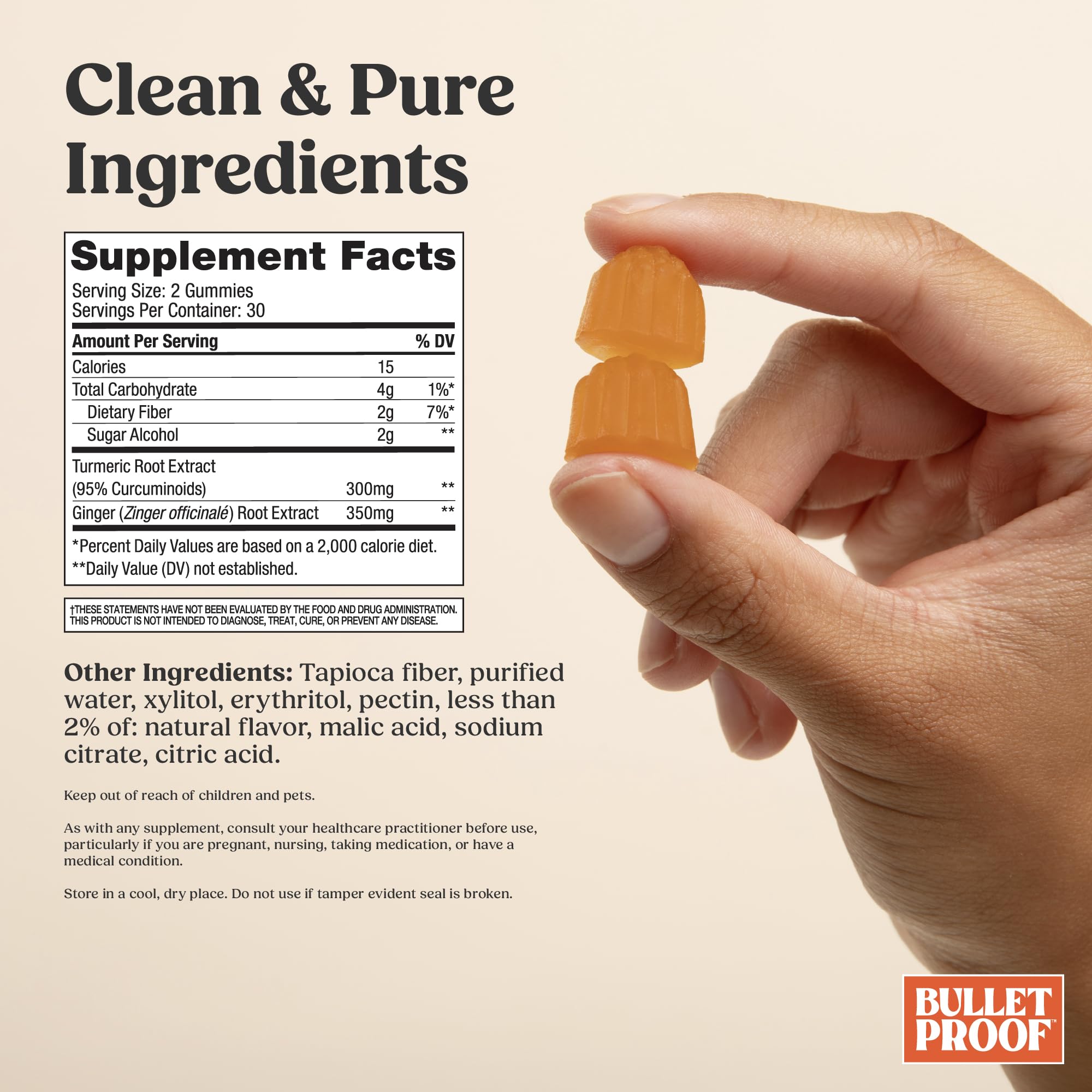 Bulletproof Sugar-Free Peach Ginger Turmeric Gummies side view showing texture