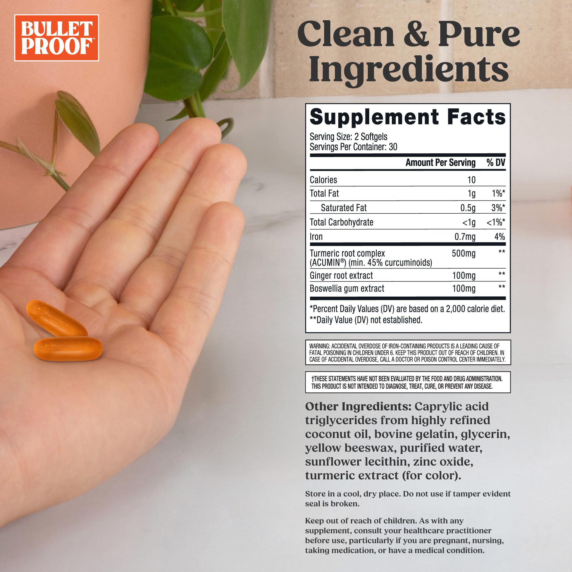 Bulletproof Turmeric Curcumin Complex softgels close-up showing size and shape