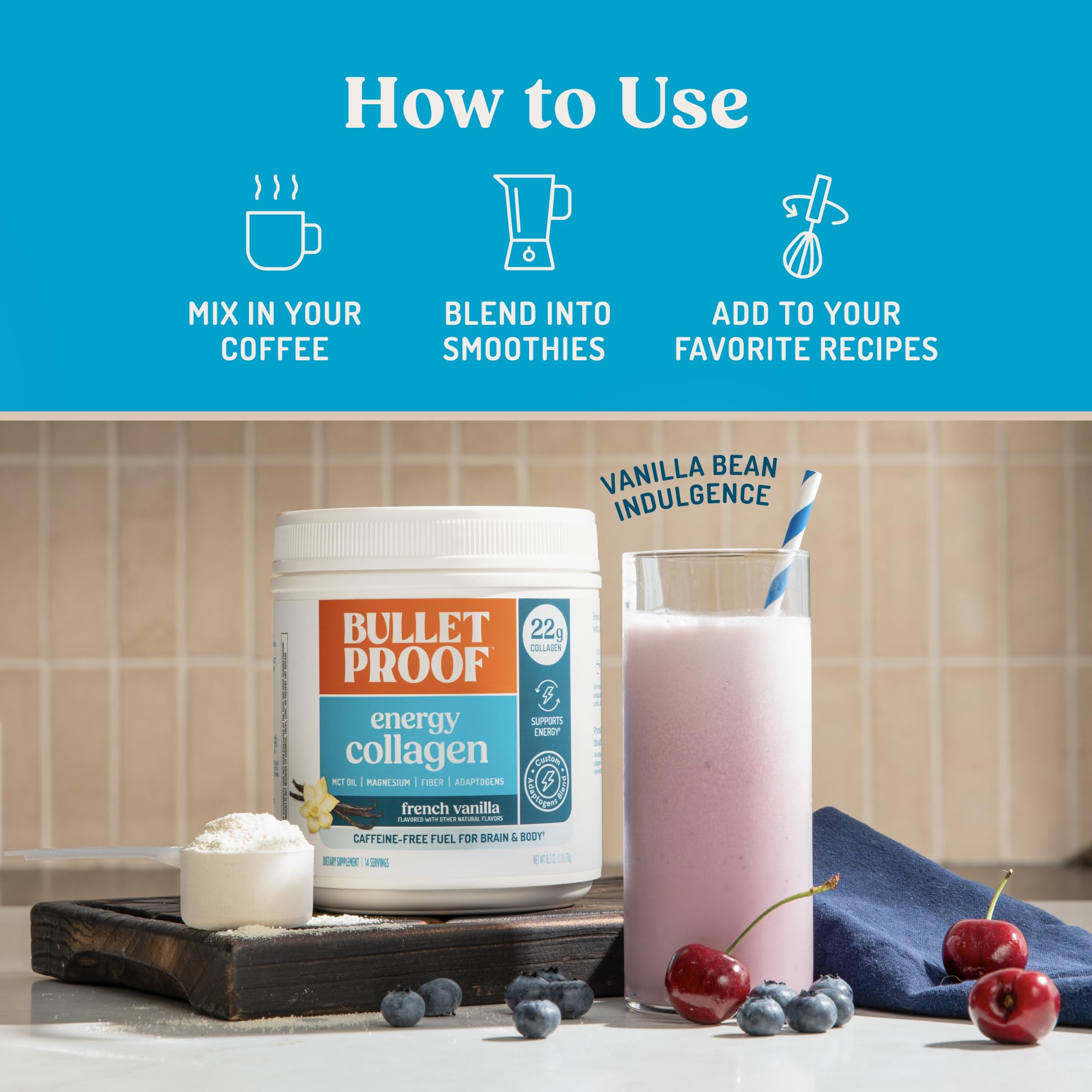 Bulletproof Vanilla Bean Energy Collagen Protein jar on kitchen counter