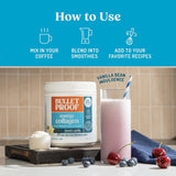 Bulletproof Vanilla Bean Energy Collagen Protein jar on kitchen counter