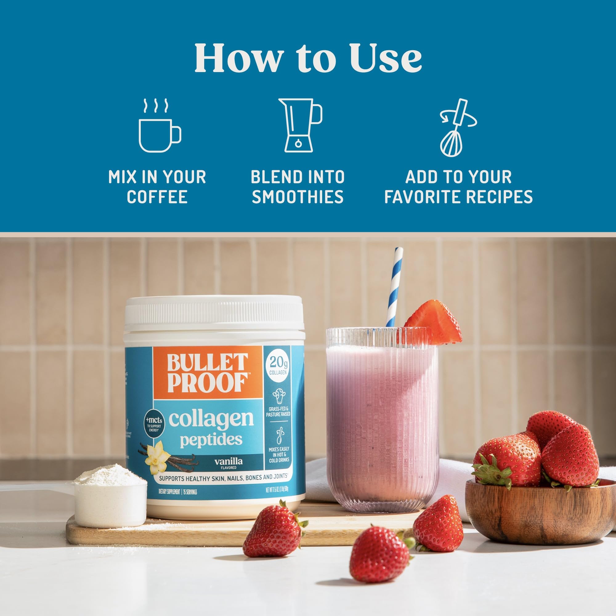Bulletproof Vanilla Collagen Peptides jar with scoop