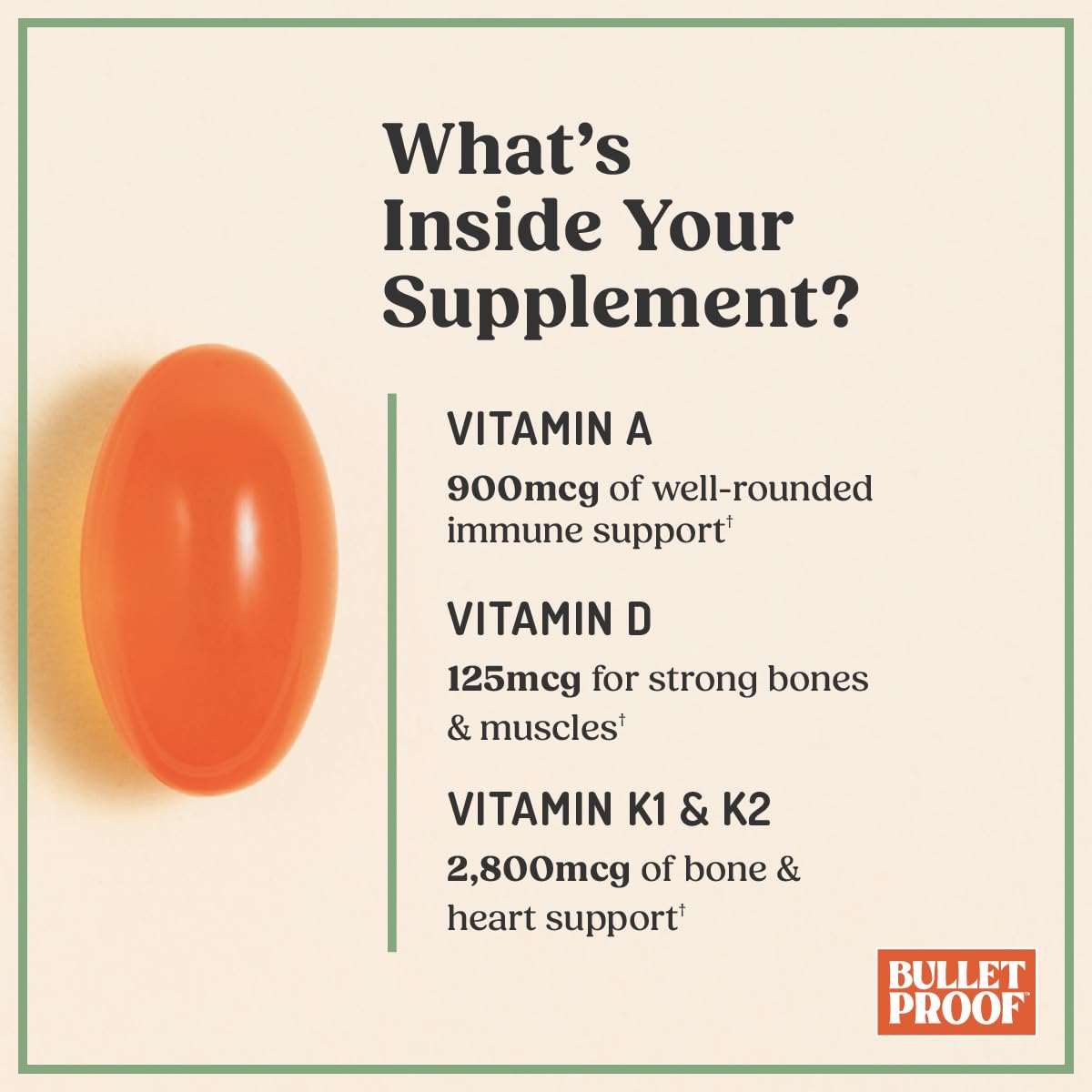 Bulletproof Vitamins A-D-K softgels on a wooden table