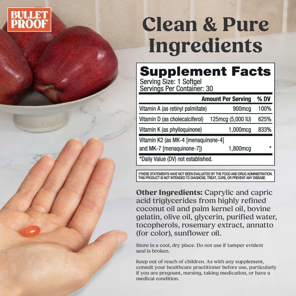 Bulletproof Vitamins A-D-K softgels side view showing softgel size