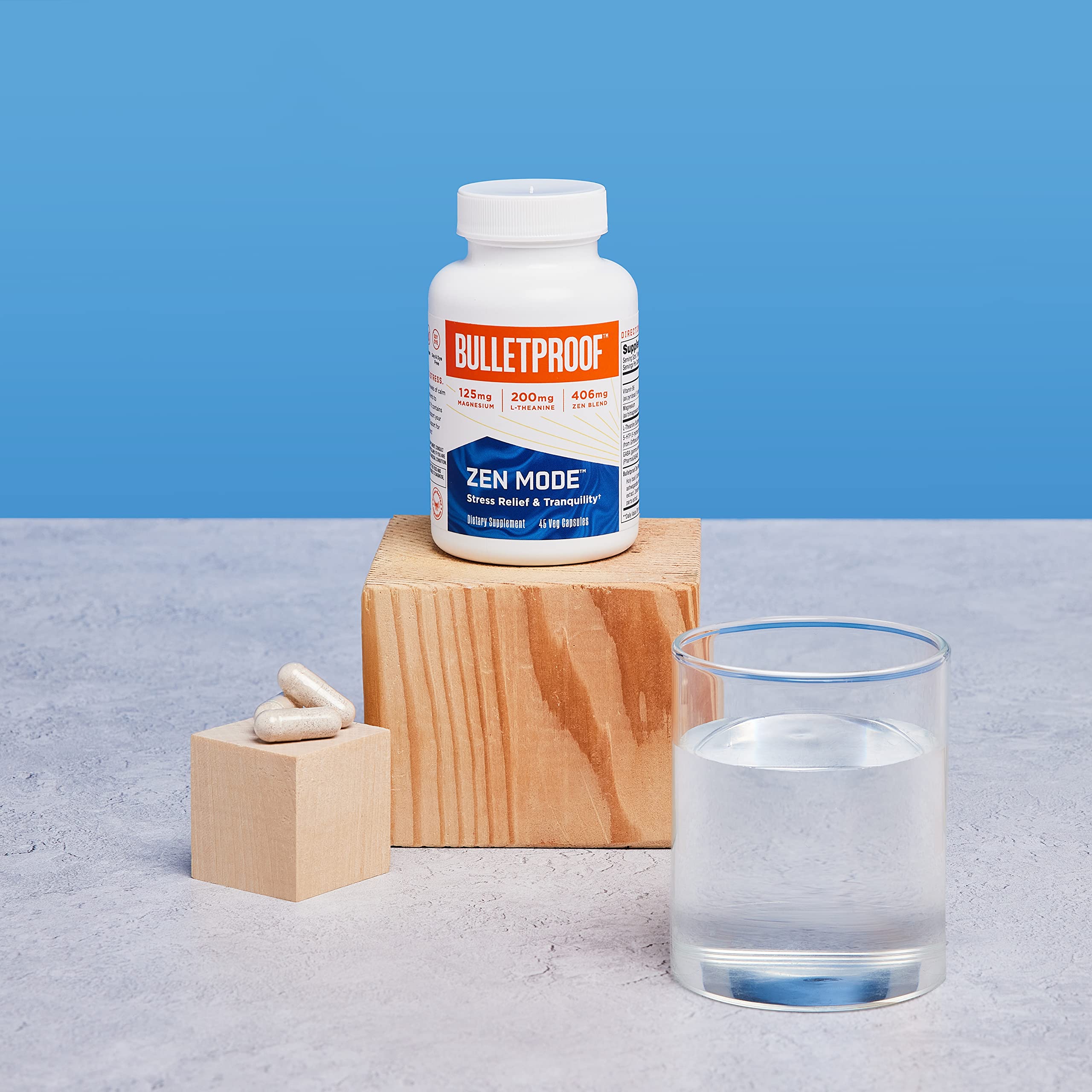 Bulletproof Zen Mode capsule bottle with a close-up of the label