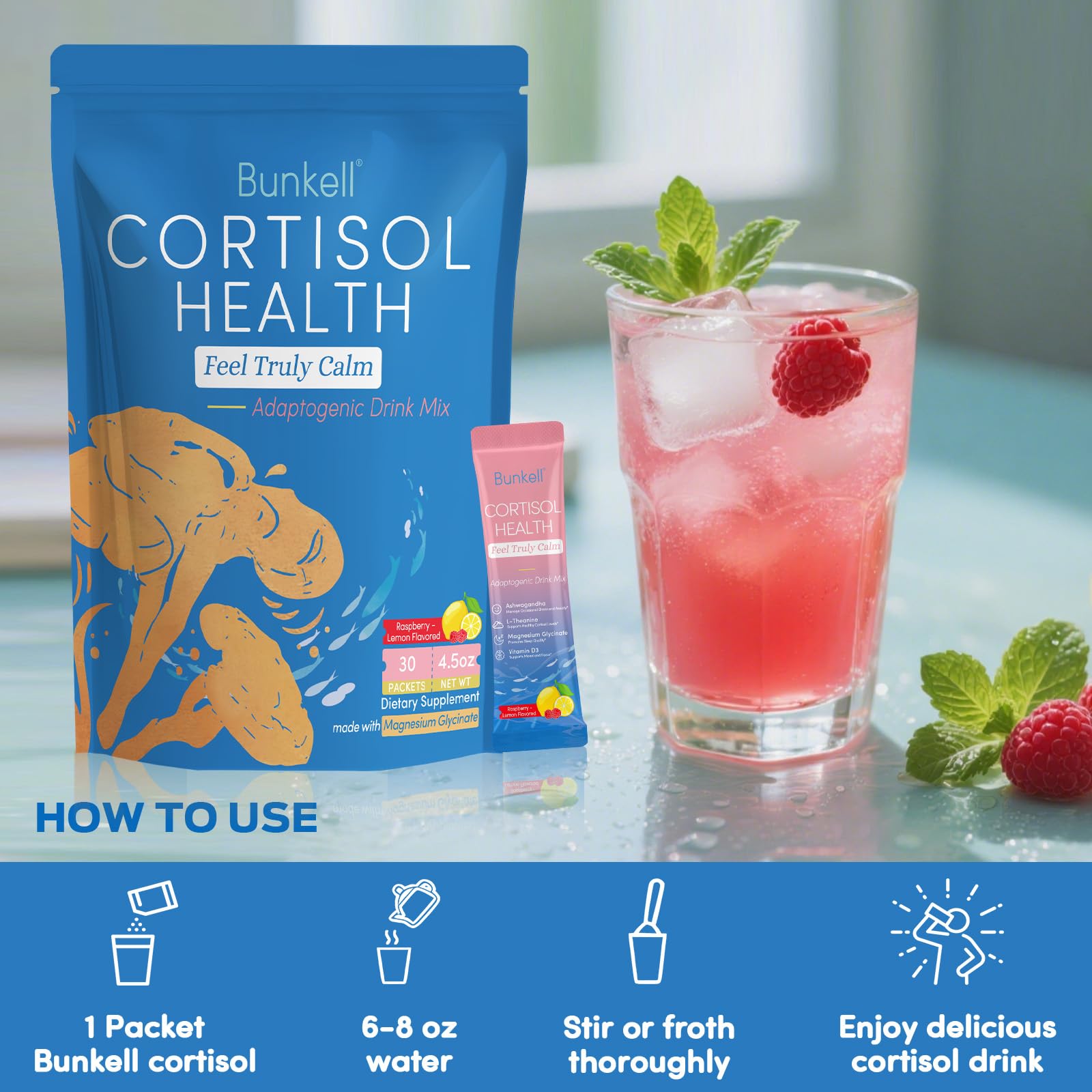 Bunkell Cortisol Calm Powder Drink Mix mixed in a glass of water