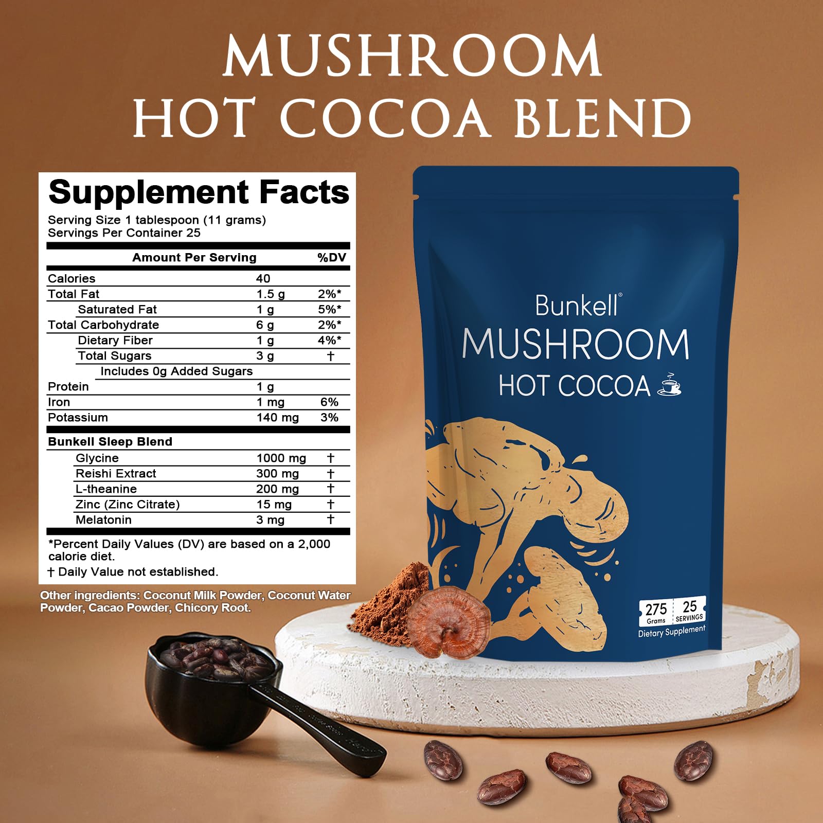 Bunkell Mushroom Hot Cocoa Blend 290g back view with ingredient list