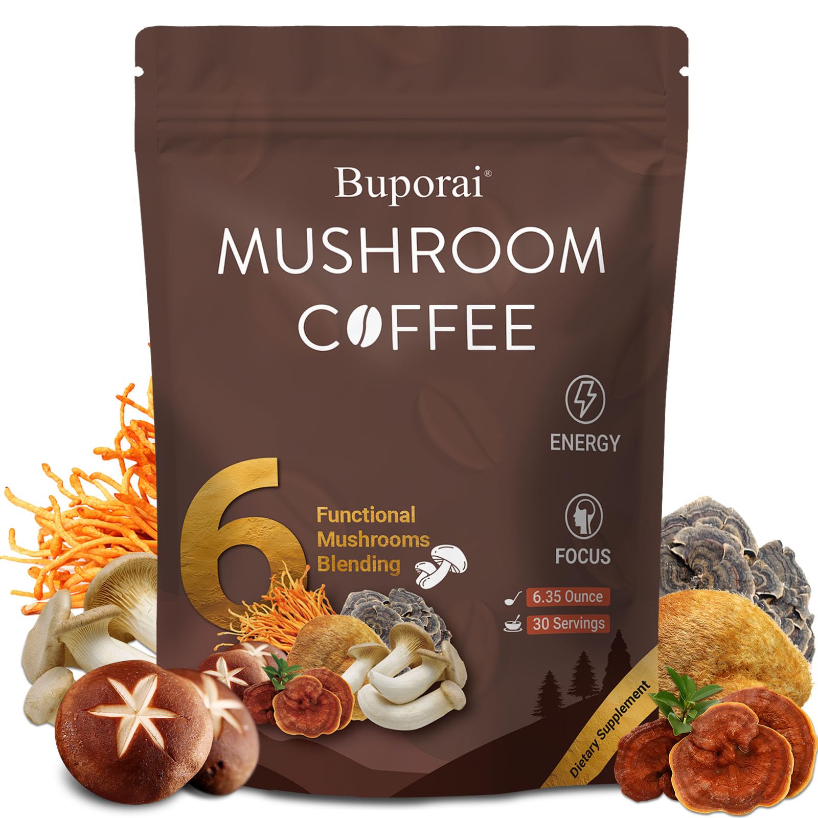 Buporai Mushroom Coffee 210g front view with packaging