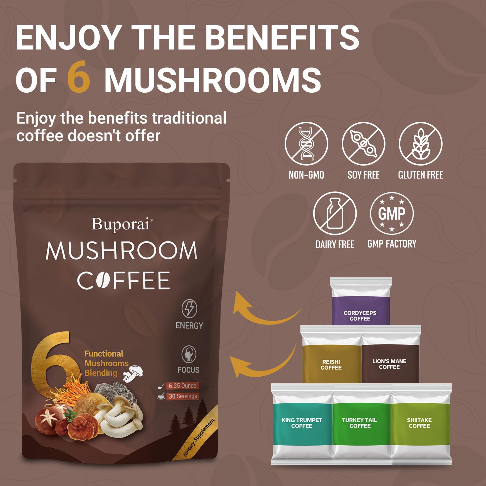 Buporai Mushroom Coffee 210g in a cup with cocoa-style notes