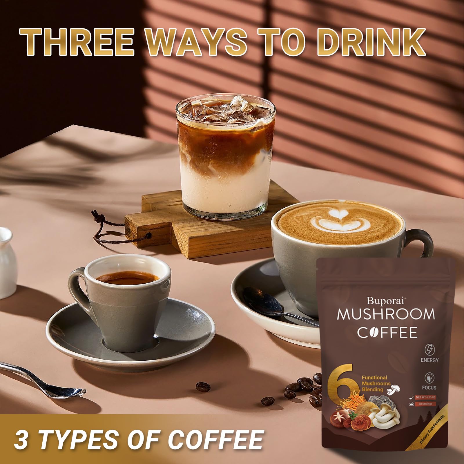 Buporai Mushroom Coffee 210g lifestyle scene with a cozy setting