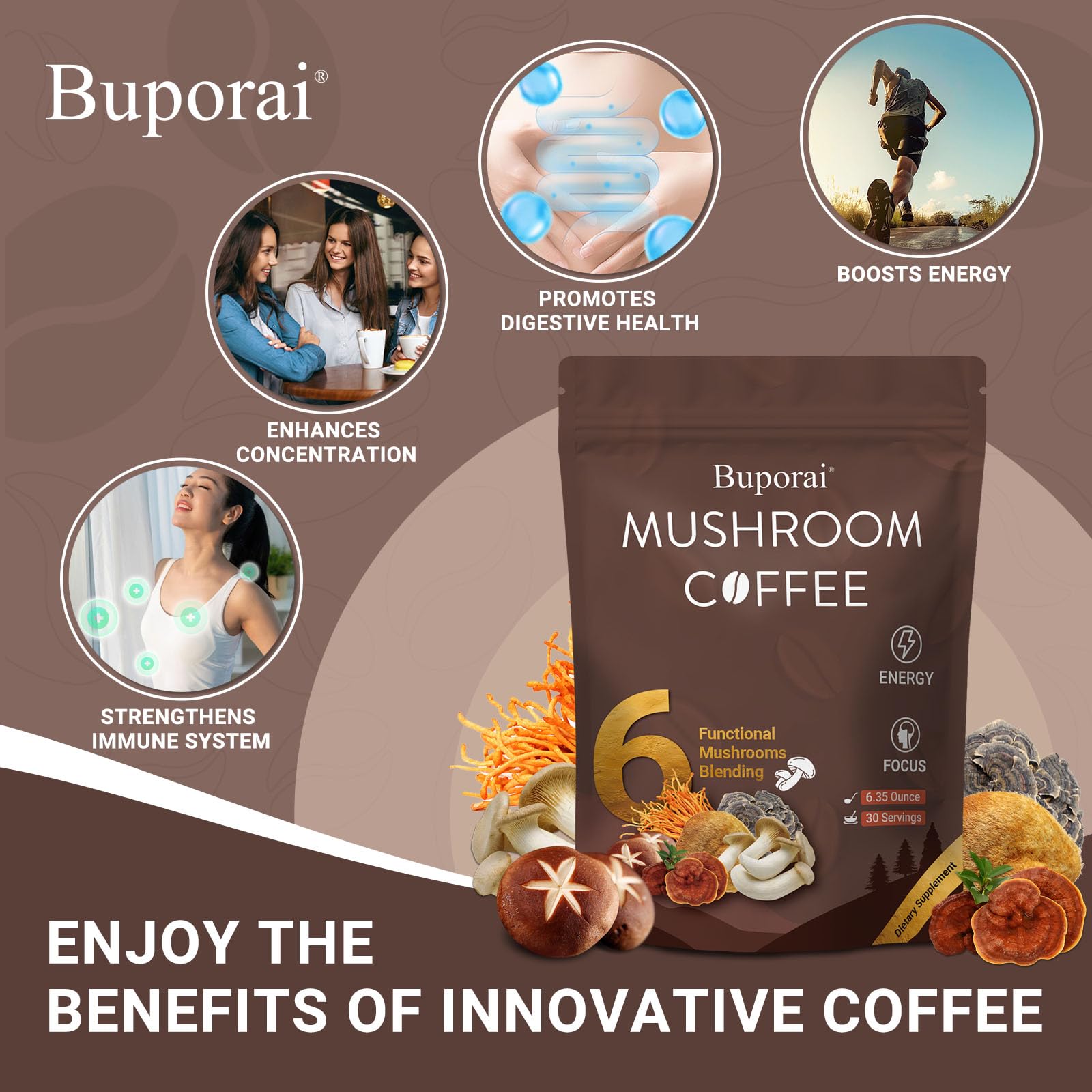 Buporai Mushroom Coffee 210g serving suggestion with hot water