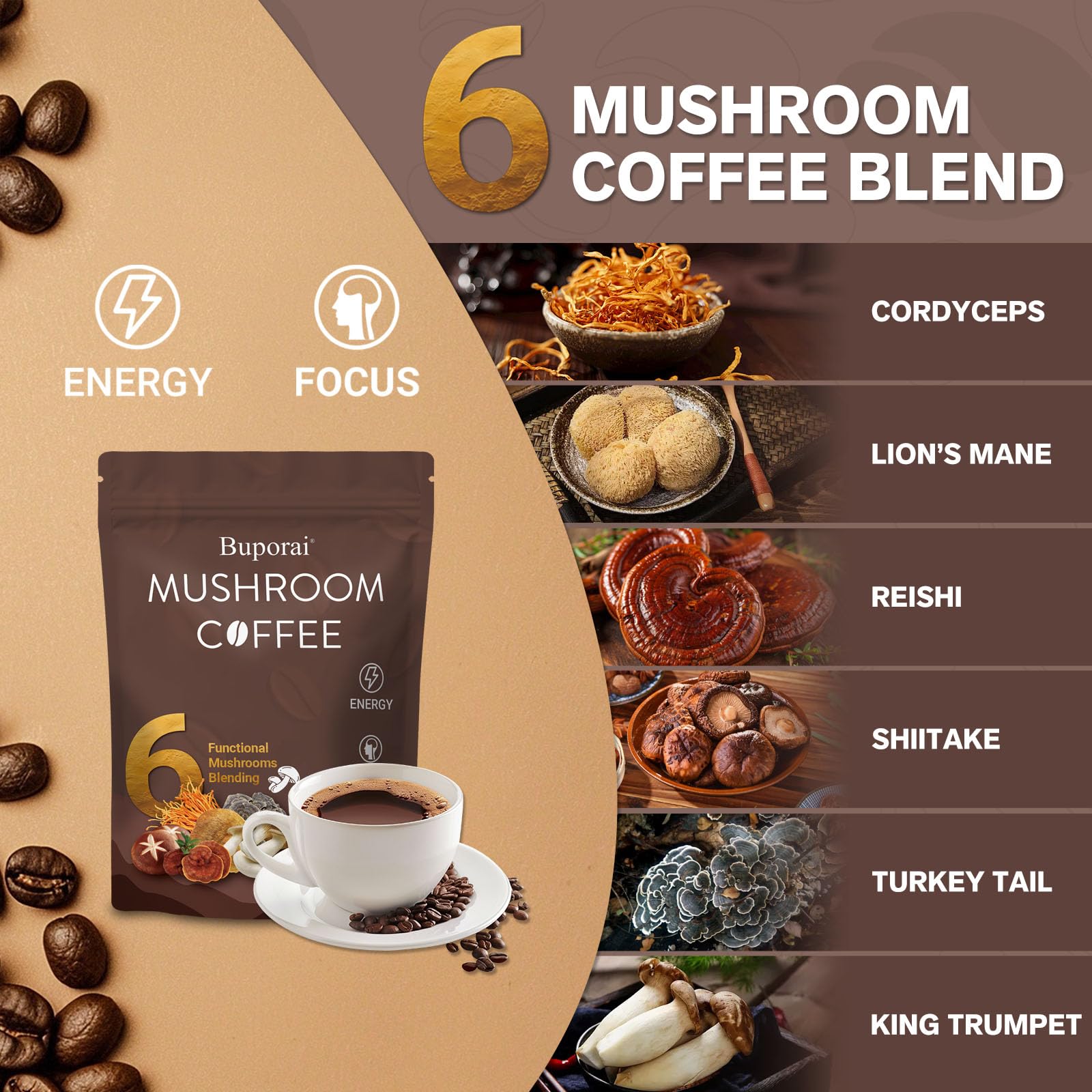 Buporai Mushroom Coffee 210g side view showing nutritional information