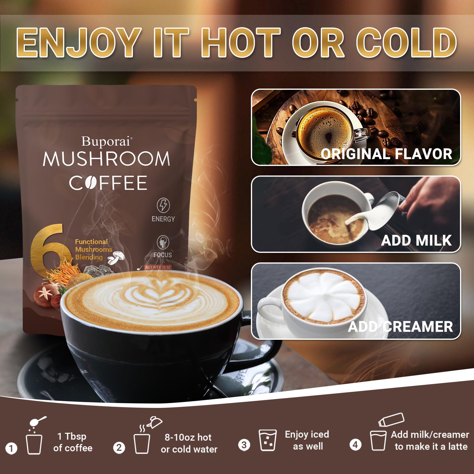 Buporai Mushroom Coffee 210g with coffee beans and mushrooms