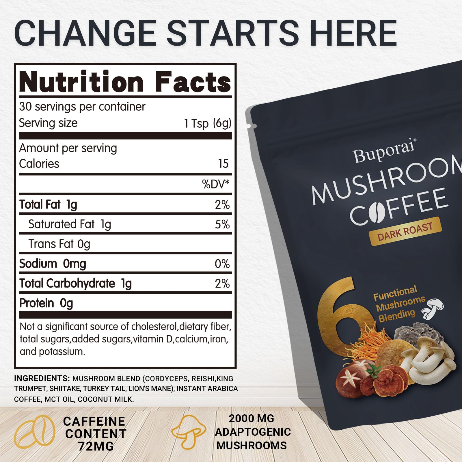 Buporai Mushroom Coffee Blend back packaging view