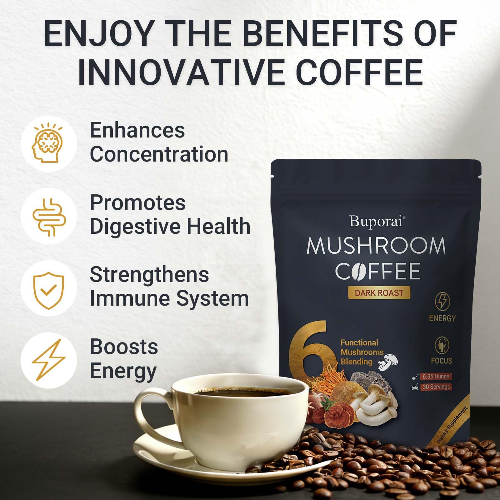 Buporai Mushroom Coffee Blend in a cup with coffee beans