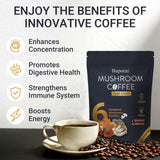 Buporai Mushroom Coffee Blend in a cup with coffee beans